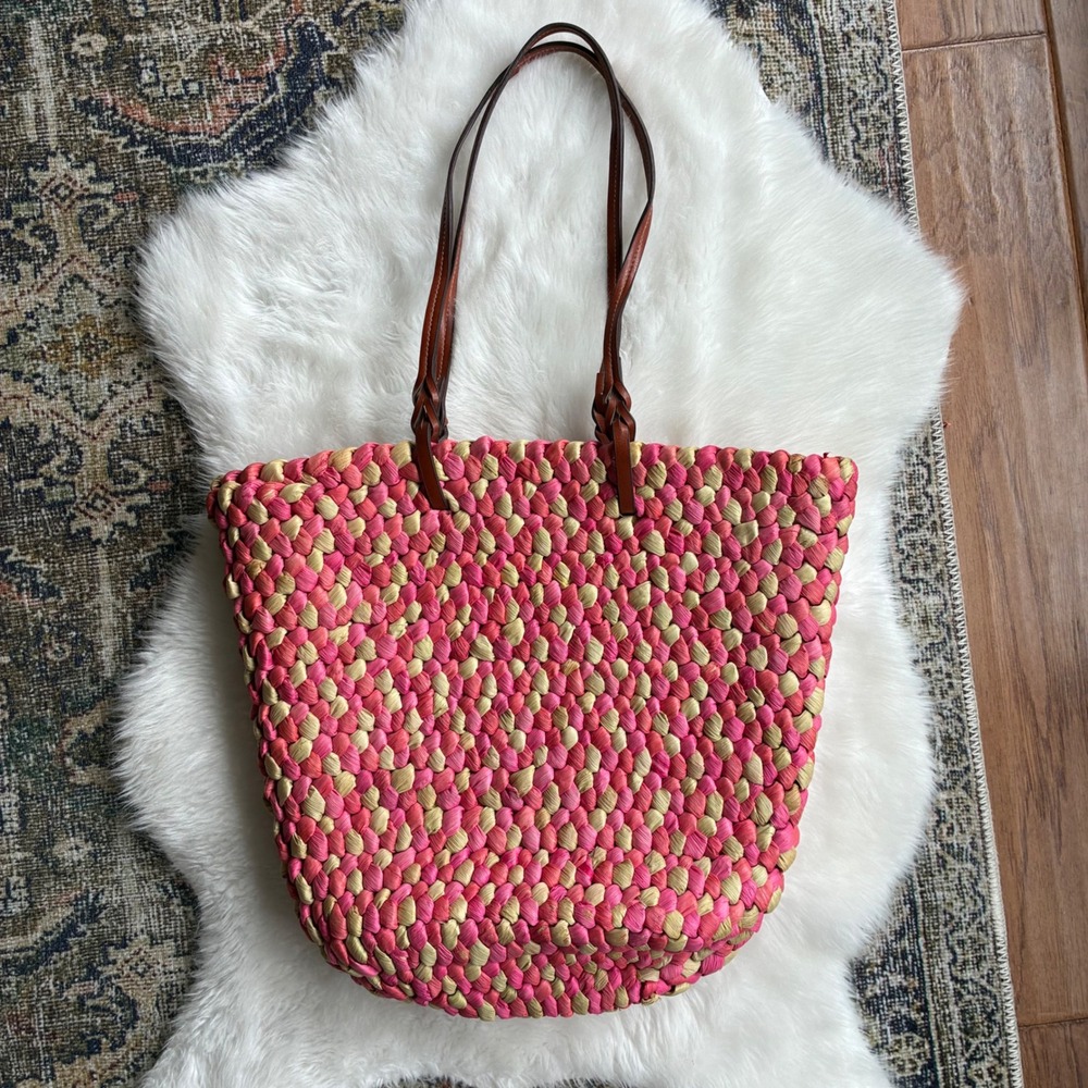 Handwoven Straw Tote Bag Pink Tan Woven Beach Shoulder Bag Brown Leather Straps
